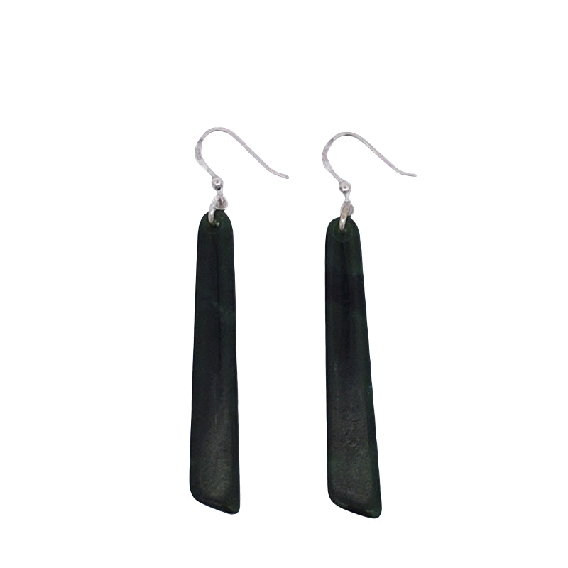 NZ pounamu greenstone angled drop earrings on sterling silver hooks