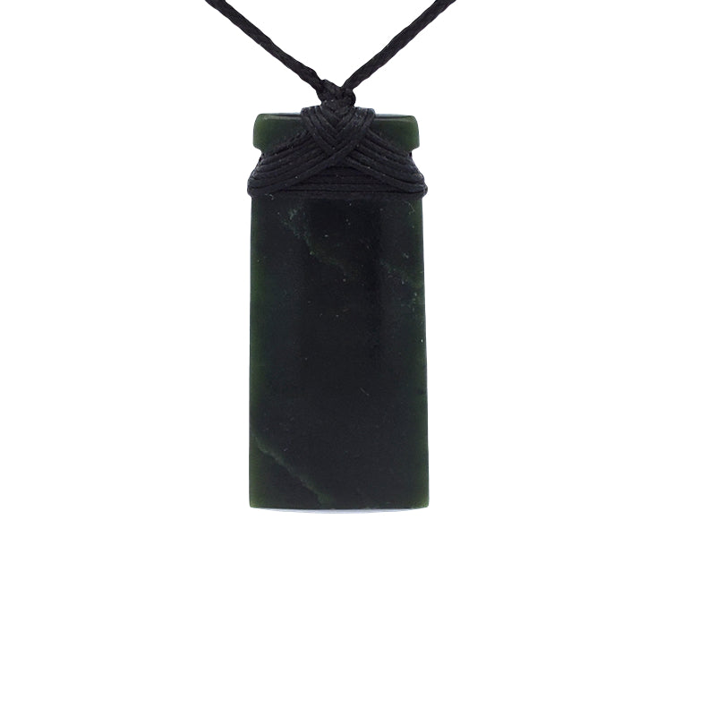 NZ pounamu greenstone bound toki pendant on black slider cord