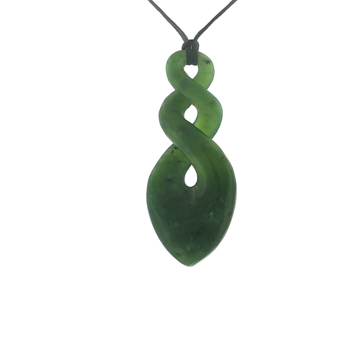 NZ pounamu greenstone double twist pendant on black slider cord