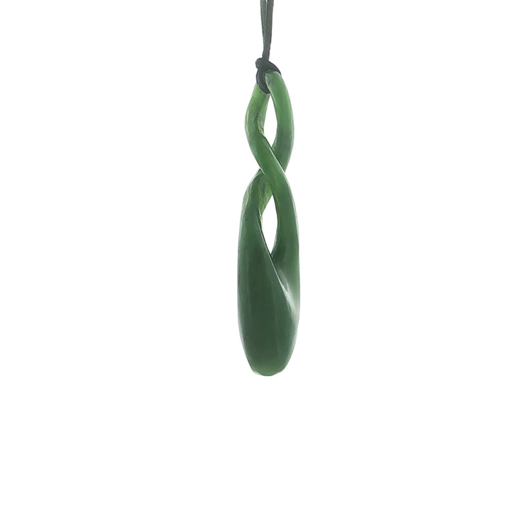 NZ pounamu greenstone double twist pendant on black slider cord