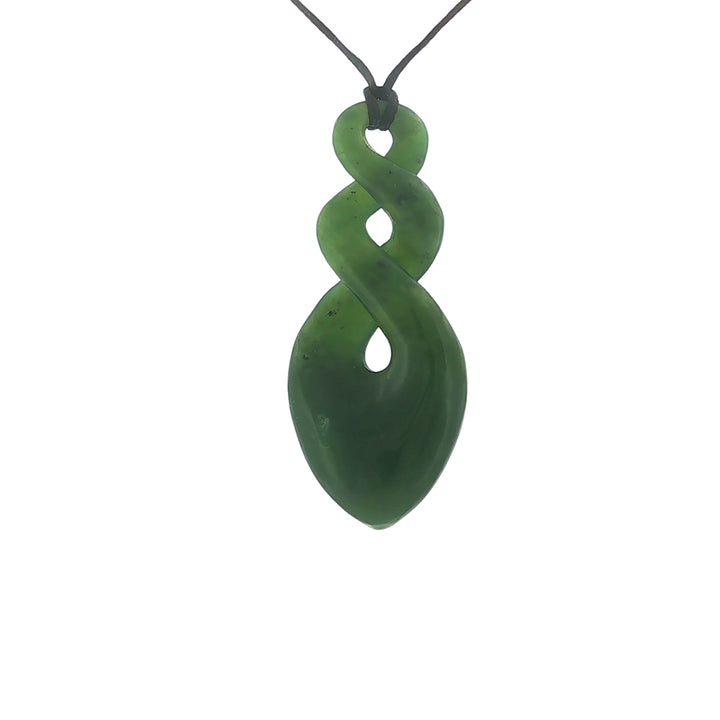 NZ pounamu greenstone double twist pendant on black slider cord