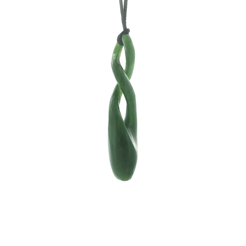 NZ pounamu greenstone double twist pendant on black slider cord