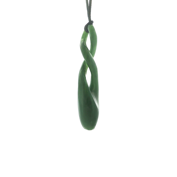 NZ pounamu greenstone double twist pendant on black slider cord