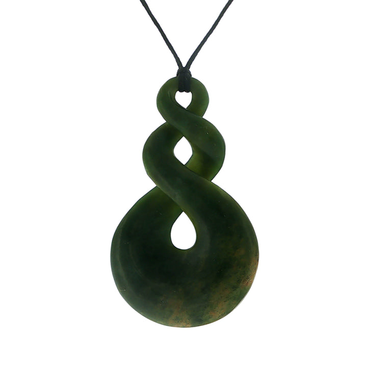 NZ pounamu greenstone double twist pendant on black slider cord