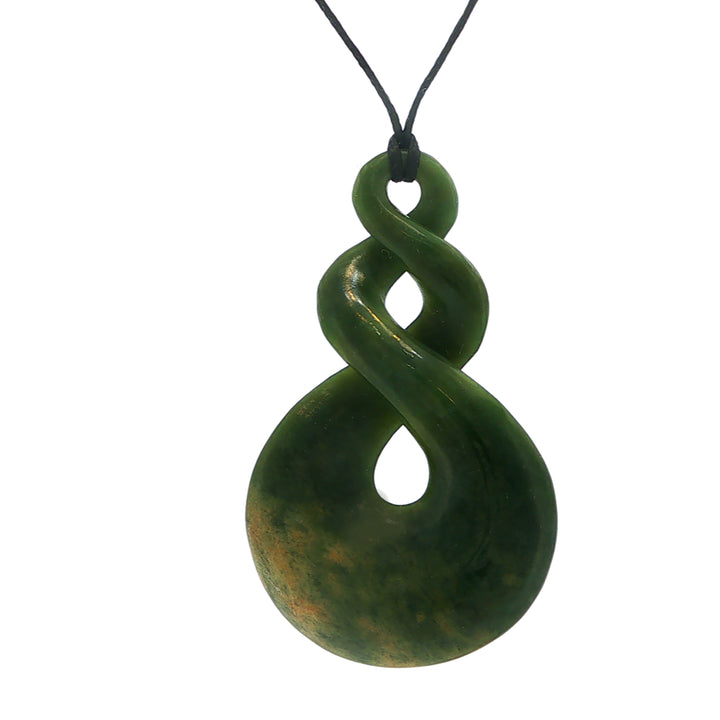 NZ pounamu greenstone double twist pendant on black slider cord