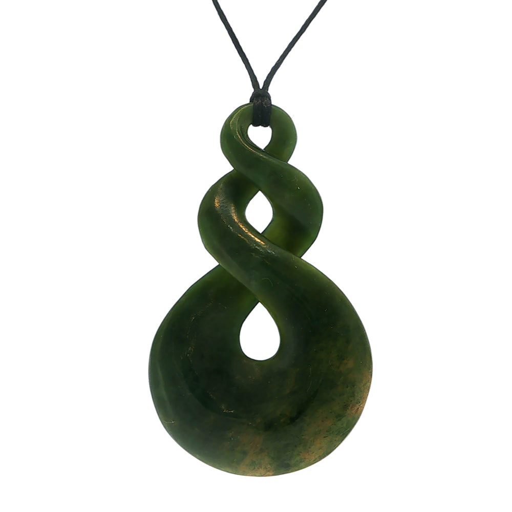 NZ pounamu greenstone double twist pendant on black slider cord