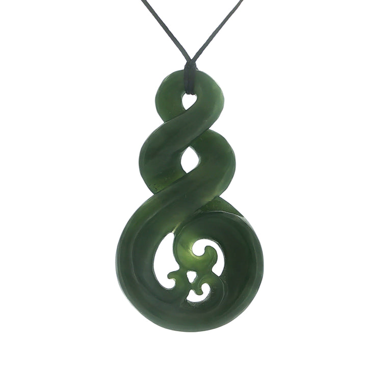 NZ pounamu greenstone double twist koru pendant on black slider cord
