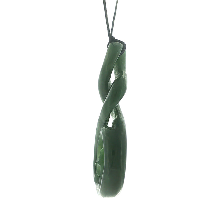 NZ pounamu greenstone double twist koru pendant on black slider cord