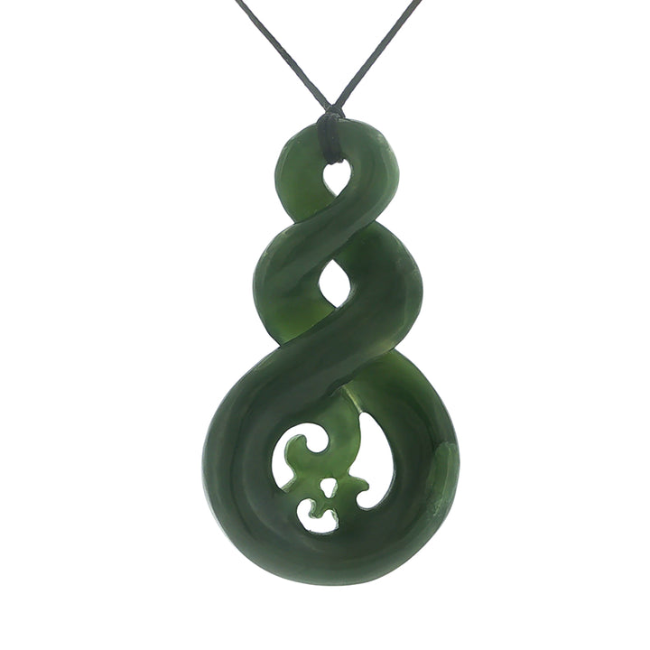 NZ pounamu greenstone double twist koru pendant on black slider cord