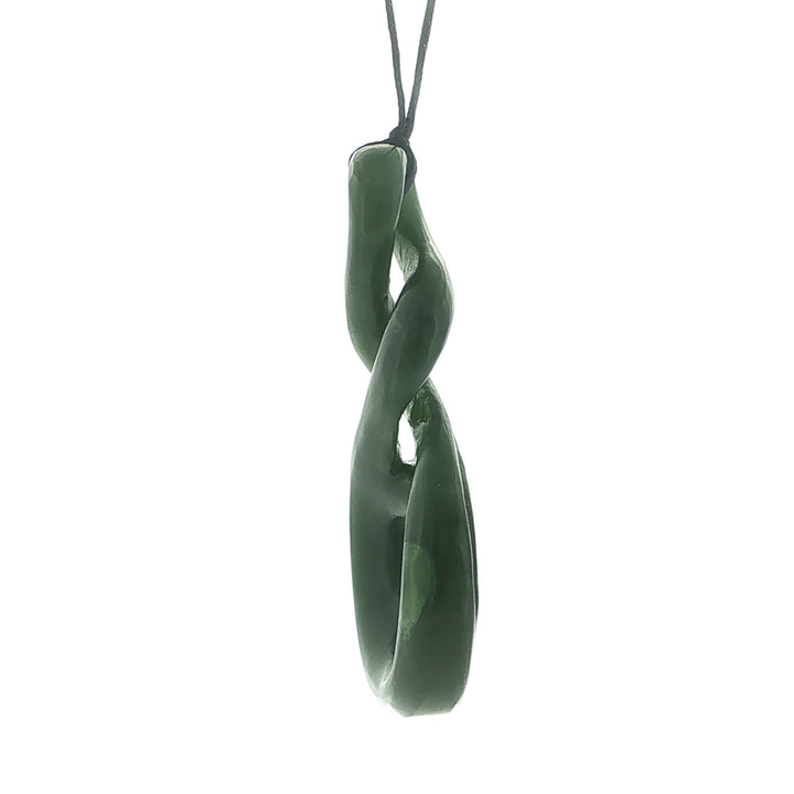 NZ pounamu greenstone double twist koru pendant on black slider cord