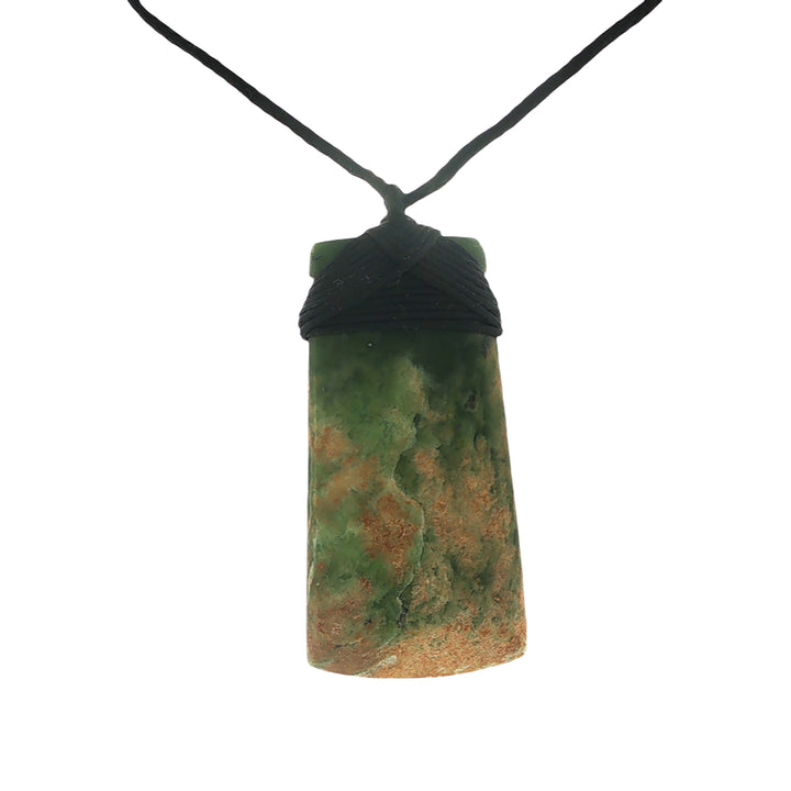 NZ pounamu greenstone bound toki pendant on black slider cord