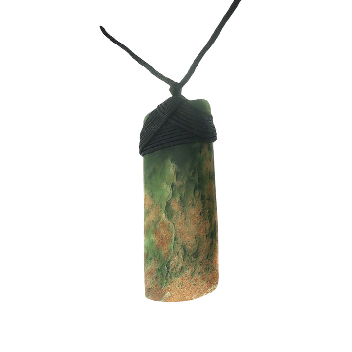 NZ pounamu greenstone bound toki pendant on black slider cord