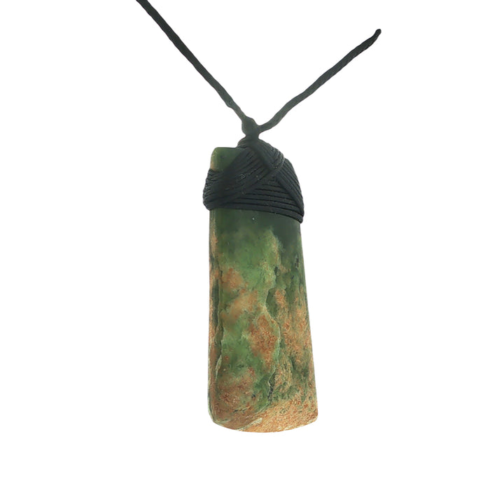 NZ pounamu greenstone bound toki pendant on black slider cord
