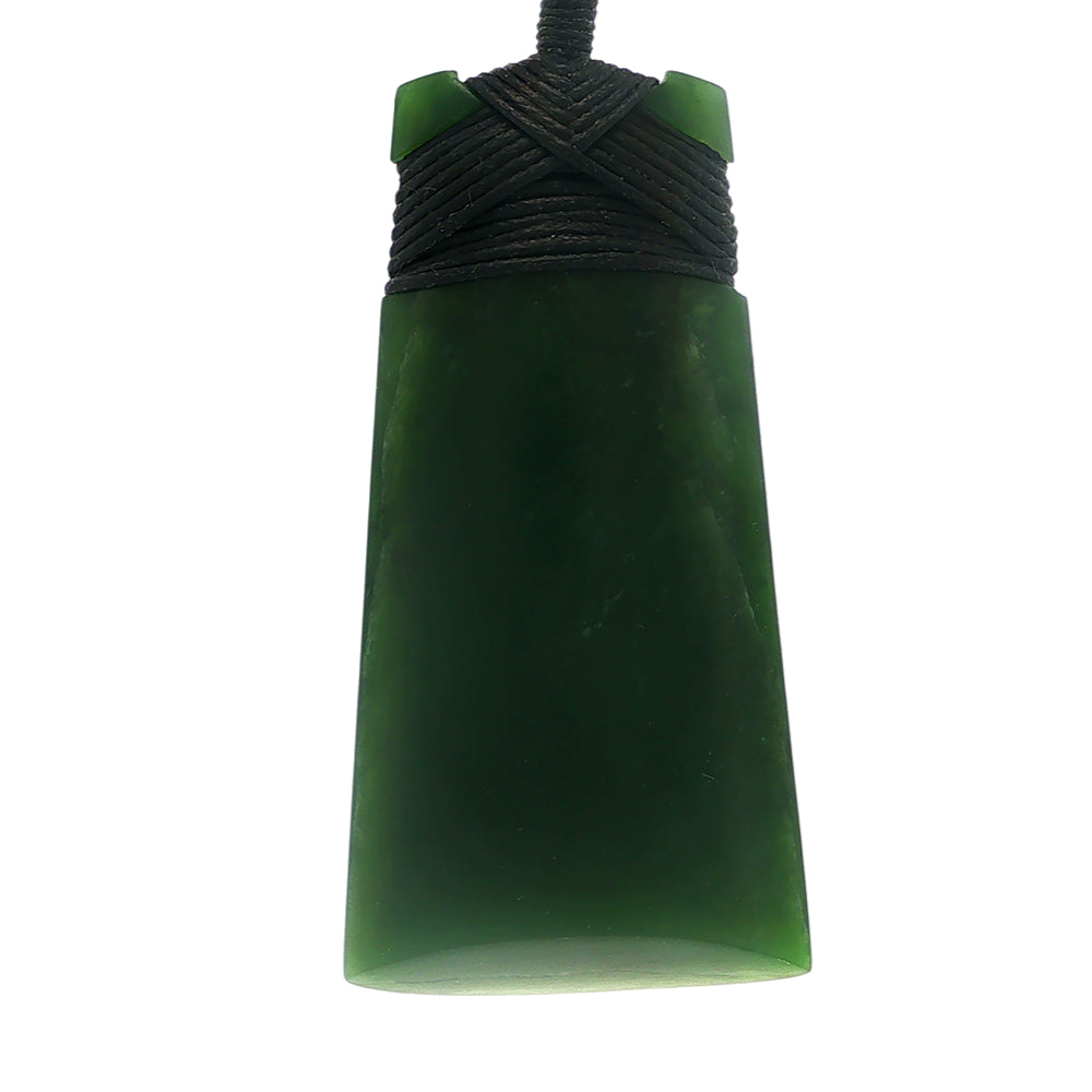NZ pounamu greenstone bound toki necklace on slider cord