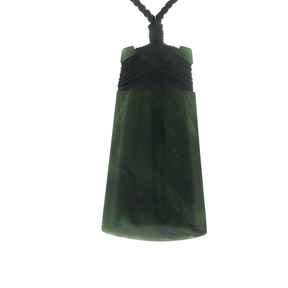NZ pounamu greenstone bound toki necklace on slider cord