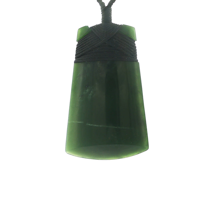 NZ pounamu greenstone bound toki necklace on slider cord