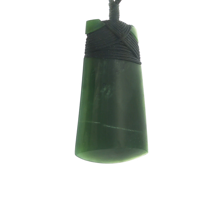 NZ pounamu greenstone bound toki necklace on slider cord