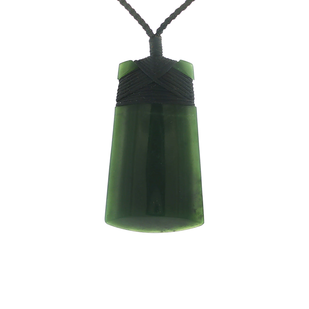 NZ pounamu greenstone bound toki necklace on slider cord