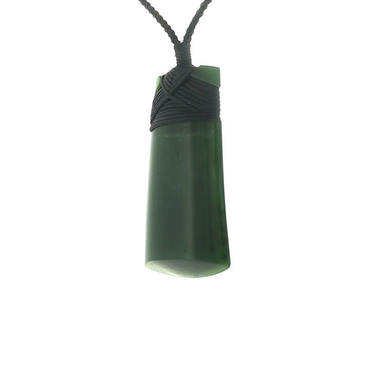 NZ pounamu greenstone bound toki necklace on slider cord