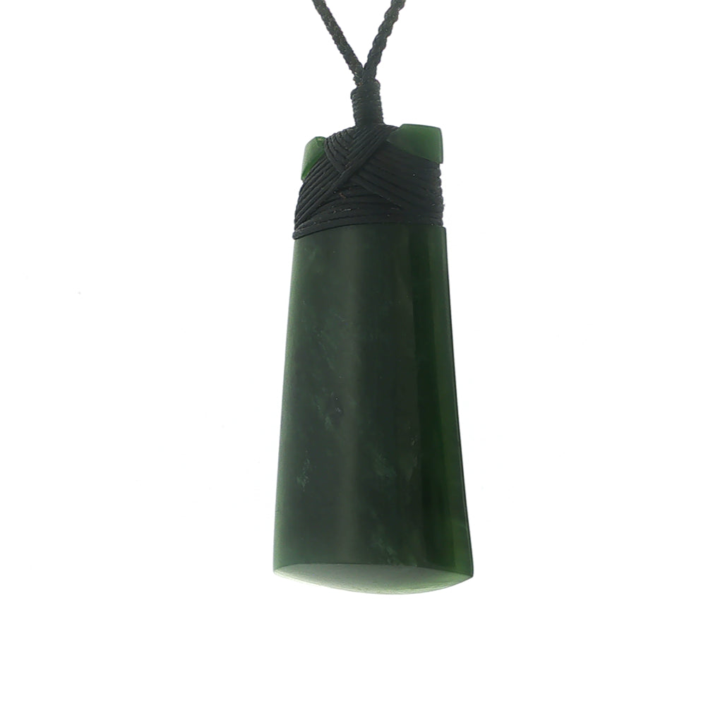NZ pounamu greenstone bound toki necklace on slider cord