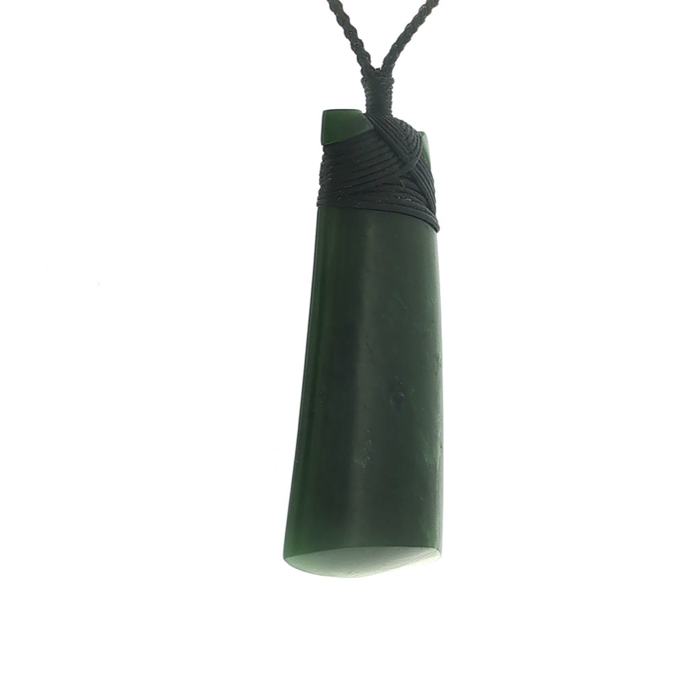 NZ pounamu greenstone bound toki necklace on slider cord