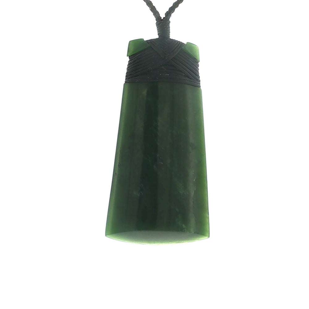 NZ pounamu greenstone bound toki necklace on slider cord