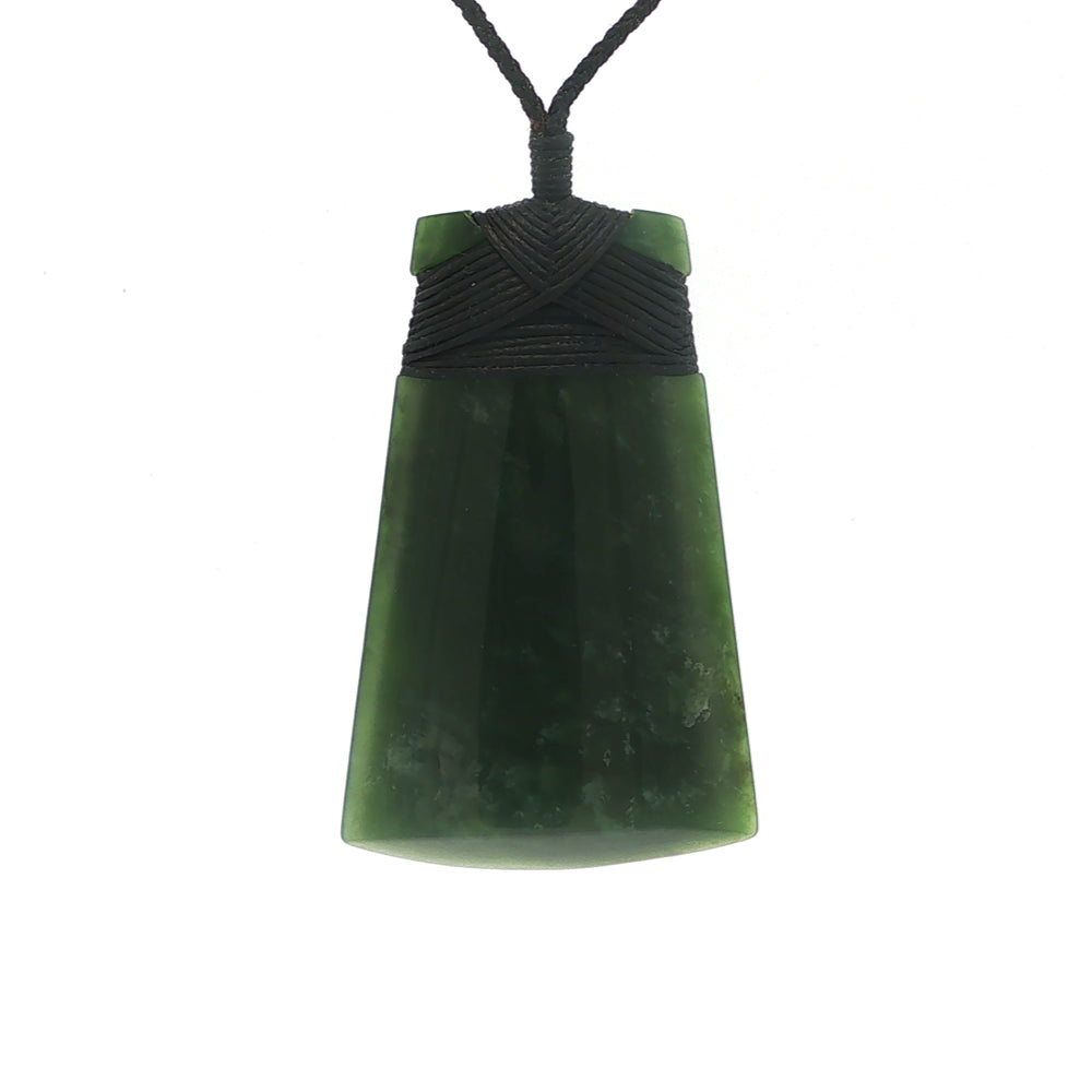 NZ pounamu greenstone bound toki necklace on slider cord