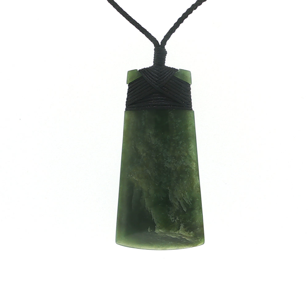 NZ pounamu greenstone bound toki necklace on slider cord