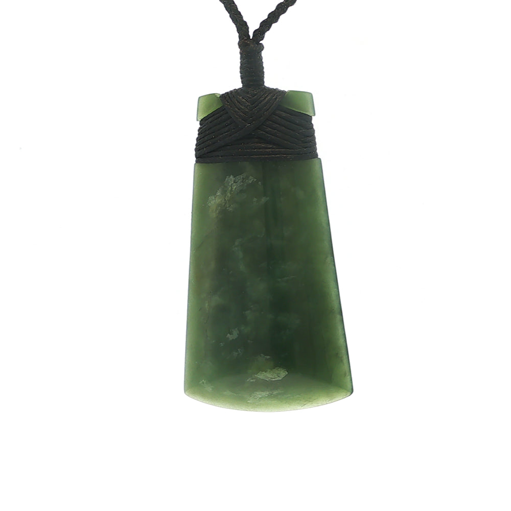 NZ pounamu greenstone bound toki necklace on slider cord