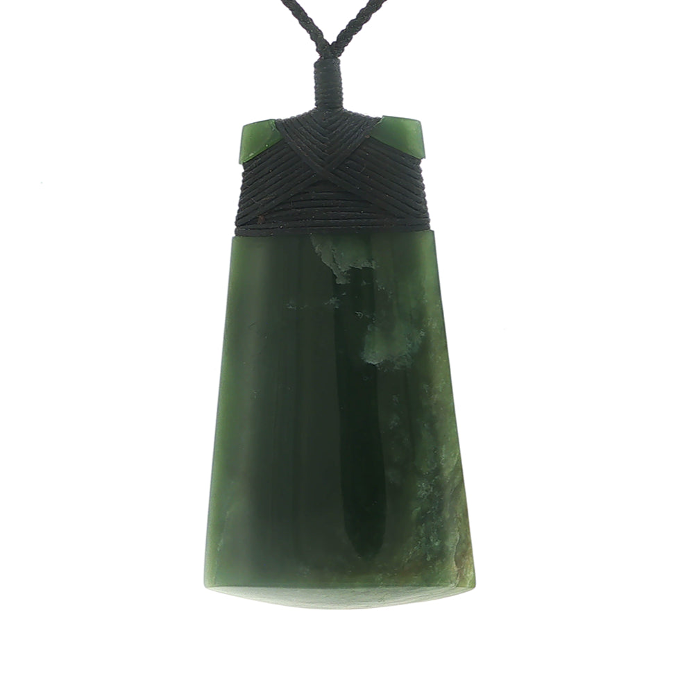 NZ pounamu greenstone bound toki necklace on slider cord