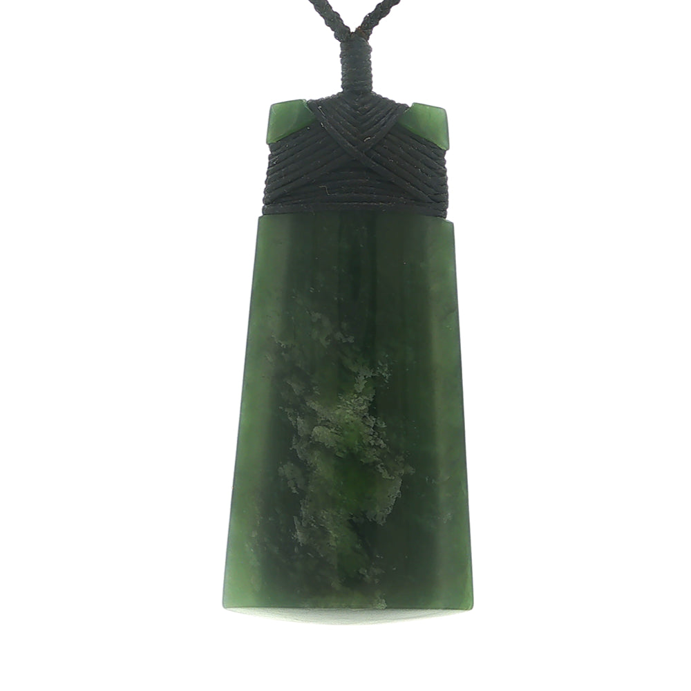 NZ pounamu greenstone bound toki necklace on slider cord