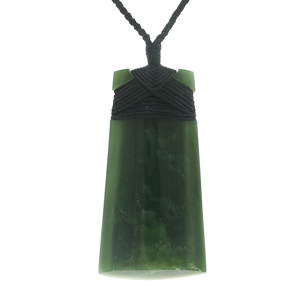 NZ pounamu greenstone bound toki necklace on slider cord