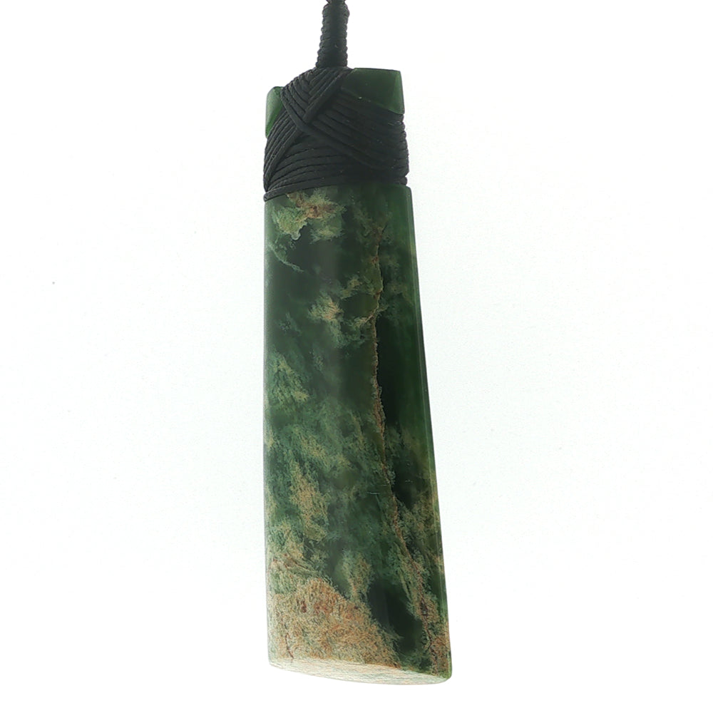 NZ pounamu greenstone bound toki necklace on slider cord