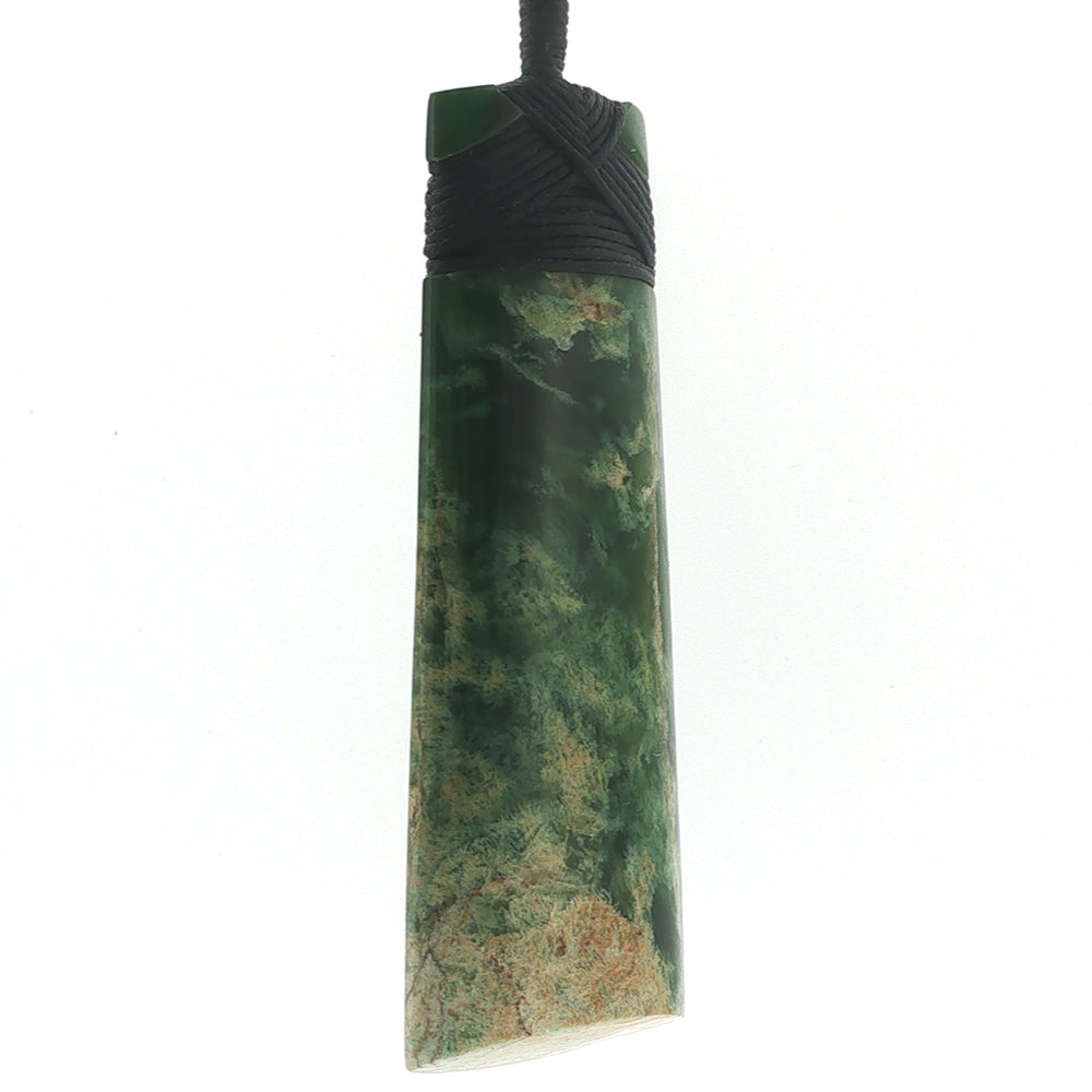NZ pounamu greenstone bound toki necklace on slider cord
