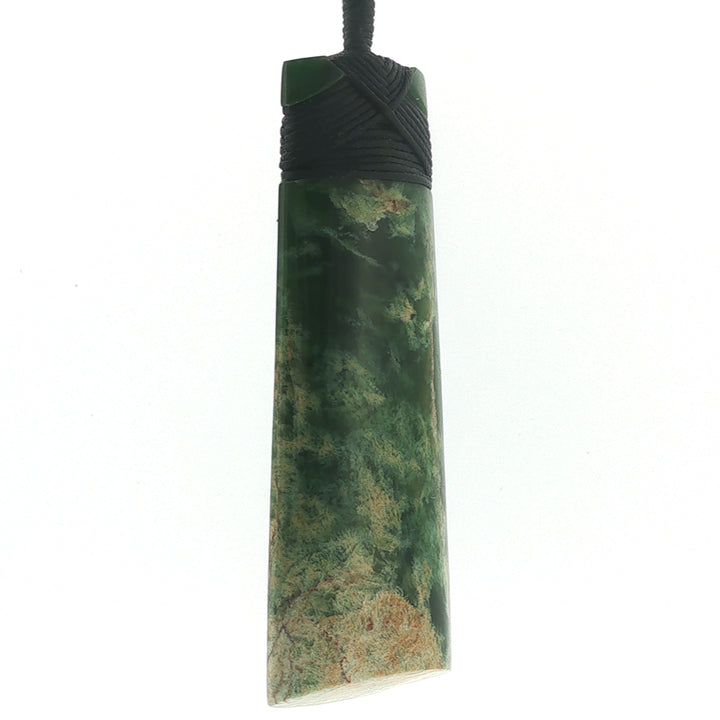 NZ pounamu greenstone bound toki necklace on slider cord