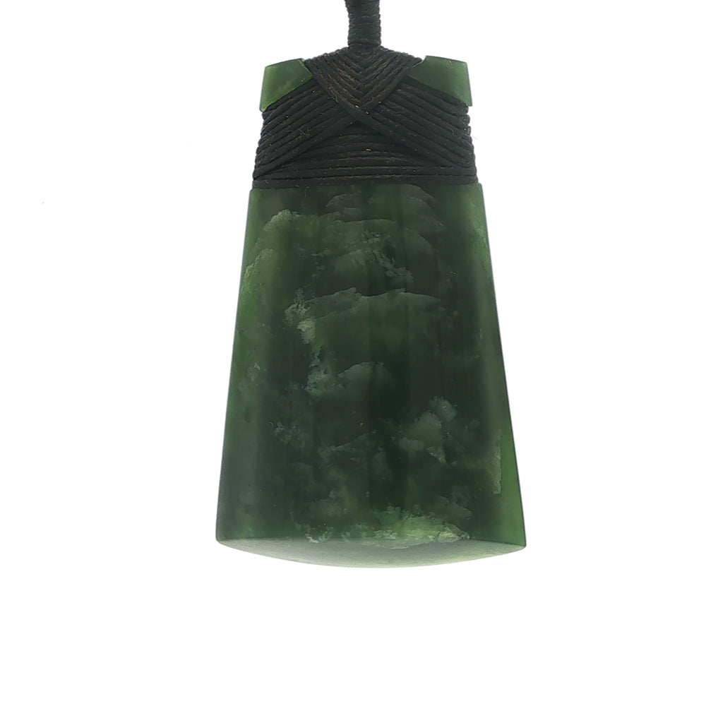 NZ pounamu greenstone bound toki necklace on slider cord