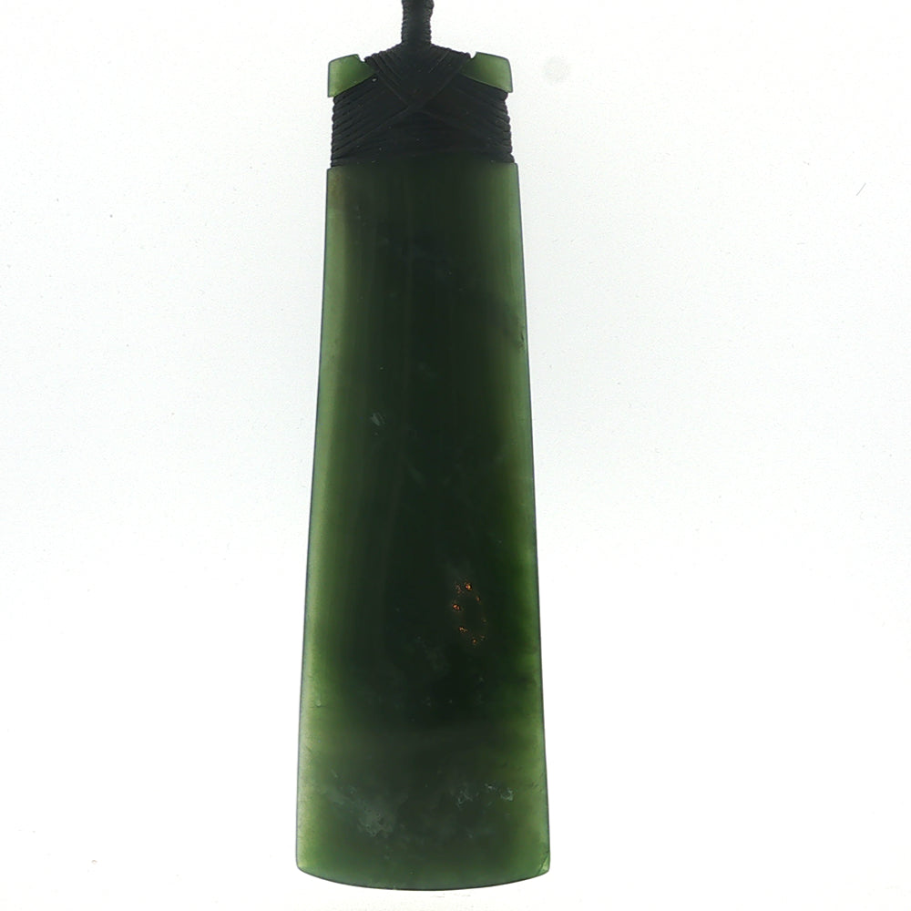NZ pounamu greenstone bound wave toki necklace on slider cord