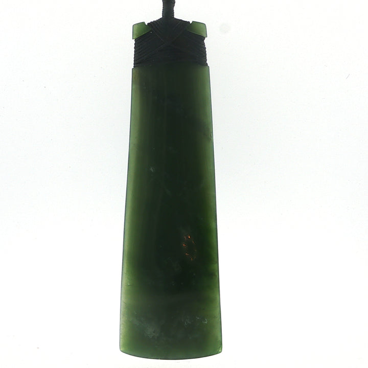 NZ pounamu greenstone bound wave toki necklace on slider cord