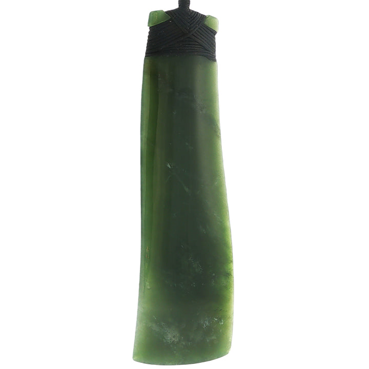 NZ pounamu greenstone bound wave toki necklace on slider cord