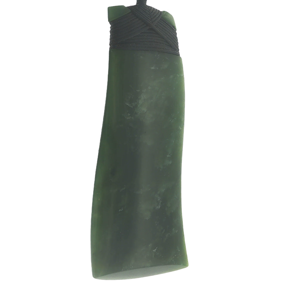 NZ pounamu greenstone bound wave toki necklace on slider cord