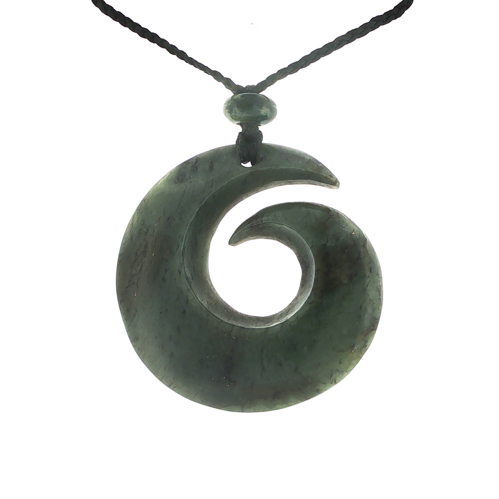 NZ pounamu greenstone koru pendant with bead on slider cord