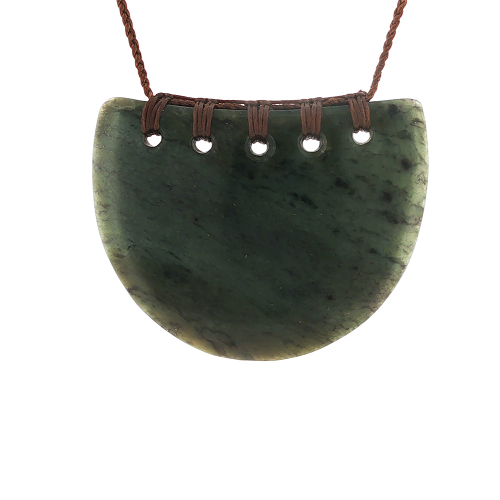 NZ pounamu greenstone kouma breastplate on tan slider cord