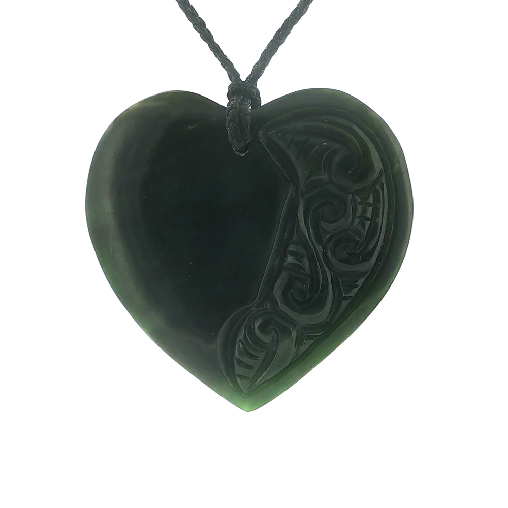 NZ pounamu greenstone engraved manawa or heart pendant on slider cord