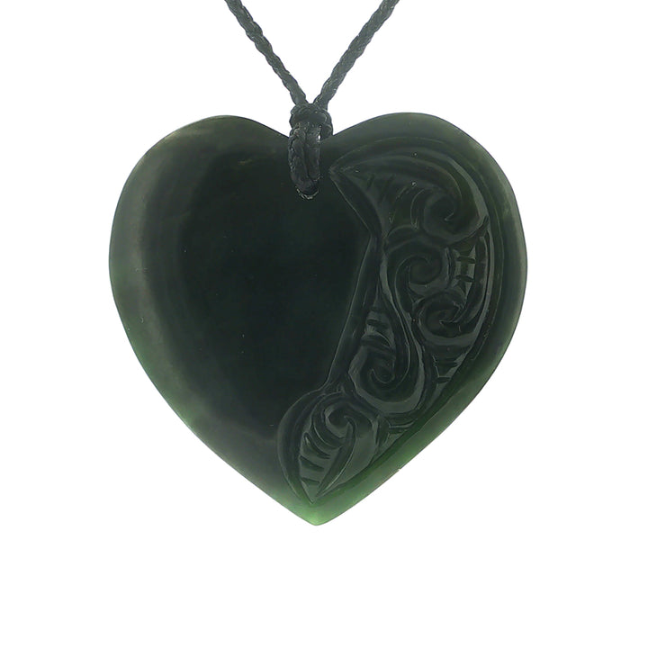 NZ pounamu greenstone engraved manawa or heart pendant on slider cord