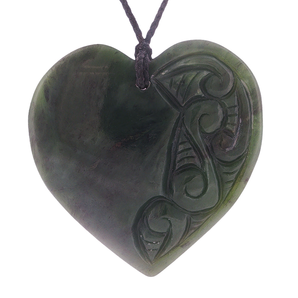 NZ pounamu greenstone engraved heart pendant on slider cord