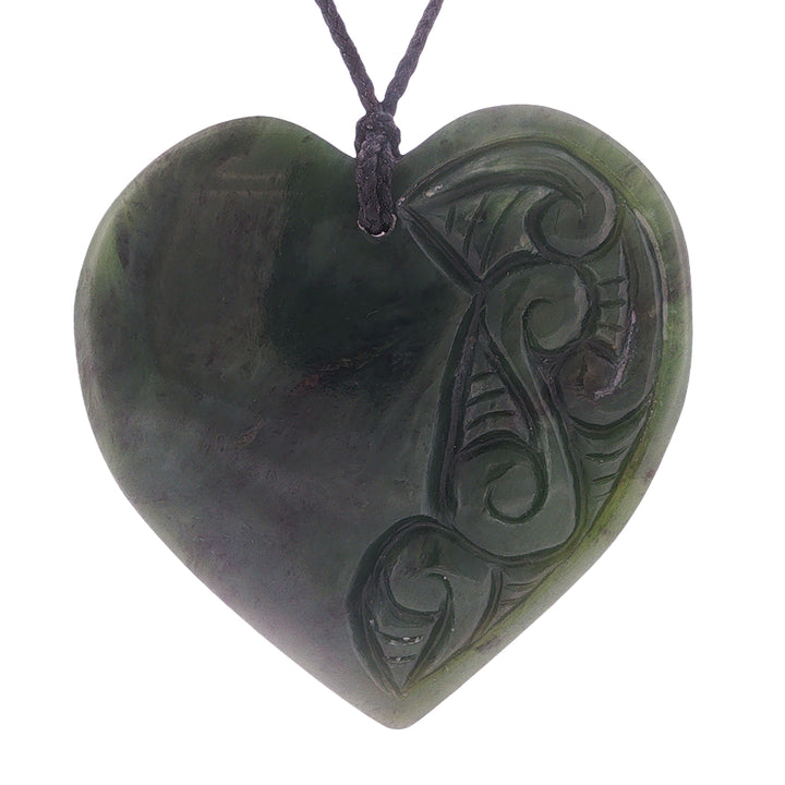 NZ pounamu greenstone engraved heart pendant on slider cord