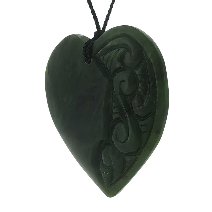 NZ pounamu greenstone engraved heart pendant on slider cord