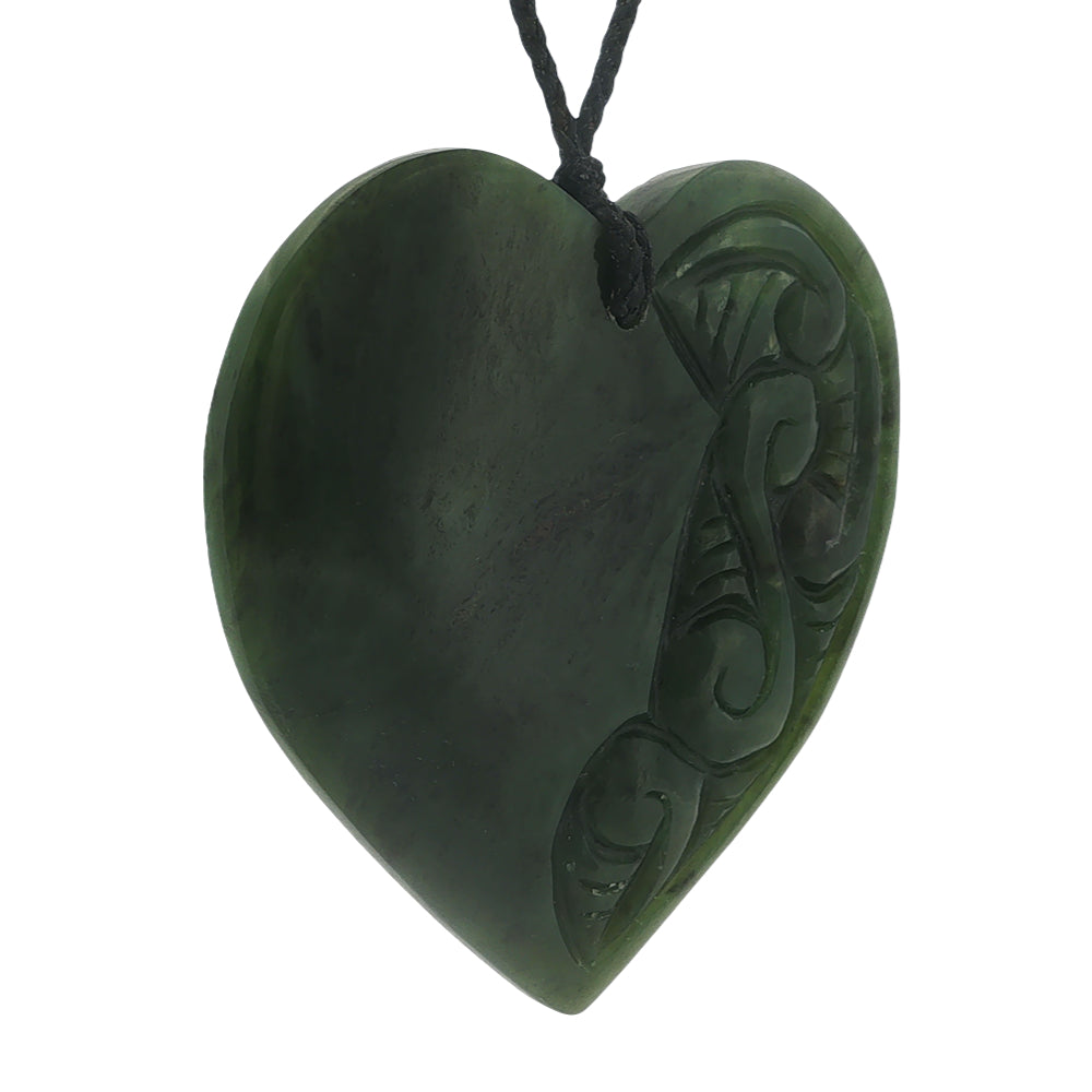 NZ pounamu greenstone engraved heart pendant on slider cord