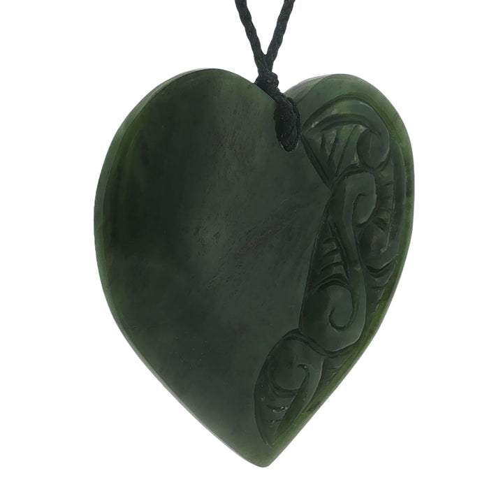 NZ pounamu greenstone engraved heart pendant on slider cord