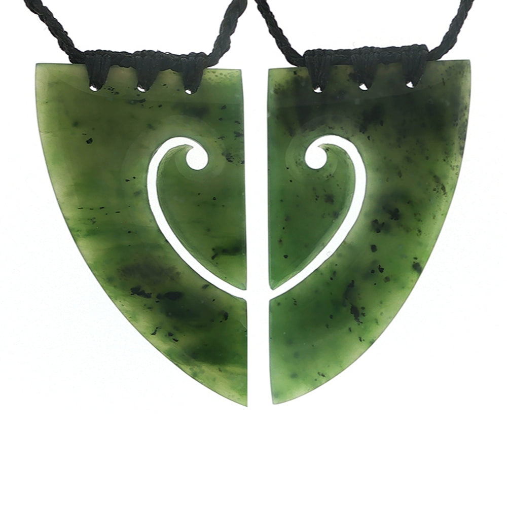 NZ pounamu greenstone shared heart pair or koru neckalces on plaited slider cord